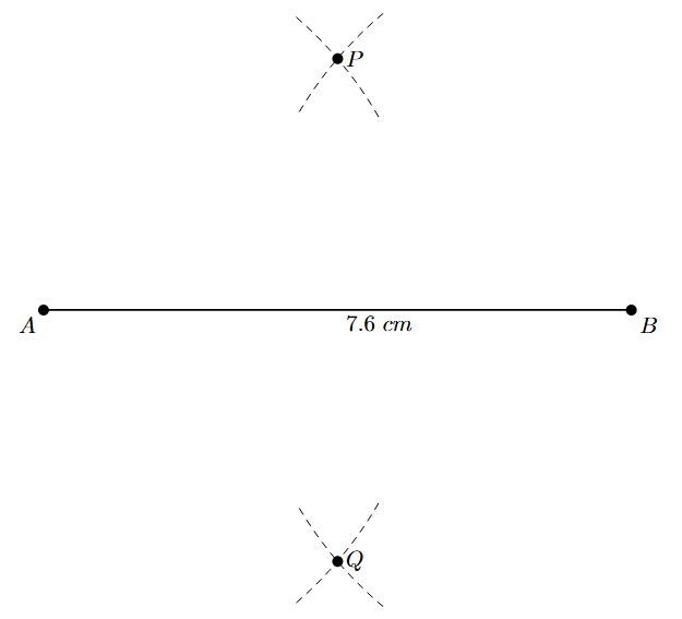 Step 3: Arcs are drawn from point B with the same radius, intersecting the previous arcs at P and Q.
